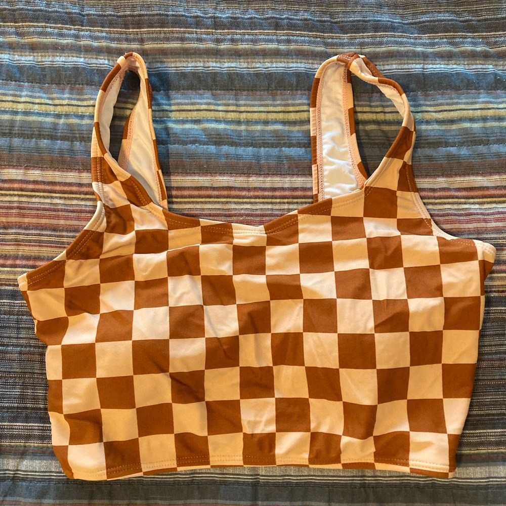 Checkered burnt orange/rust and apricot Bikini Top